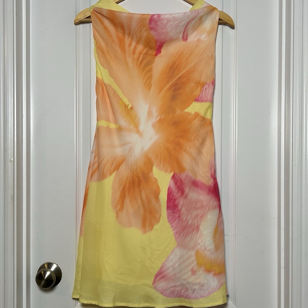 Beginning Boutique Yellow Pink Orange Hibiscus Floral Print Zyla Cowl Mini Dress
